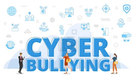 cyber bullying concept with big words and people surrounded by related icon with blue color style vector