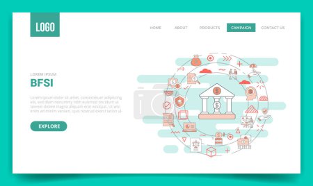 Illustration for Bfsi banking financial services and insurance concept with circle icon for website template or landing page homepage vector illustration - Royalty Free Image