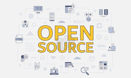 Open-Source-Konzept mit Icon-Set mit großem Wort oder Text auf dem mittleren Vektor
