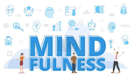Illustration for Mindfulness concept with big words and people surrounded by related icon with blue color style vector - Royalty Free Image