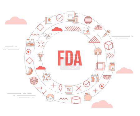 Illustration for Fda food and drug administration concept with icon set template banner and circle round shape vector illustration - Royalty Free Image