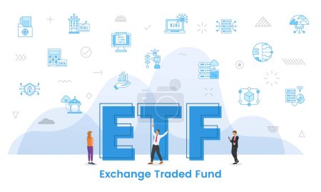 Ilustración de Etf intercambio comercializado concepto de fondo con grandes palabras y personas rodeadas de icono relacionado con el color azul estilo vector ilustración - Imagen libre de derechos