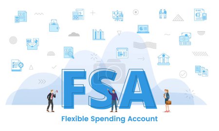 Illustration for Fsa flexible spending account concept with big words and people surrounded by related icon with blue color style vector illustration - Royalty Free Image