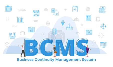 concepto de sistema de gestión de continuidad de negocio bcms con grandes palabras y personas rodeadas de icono relacionado con ilustración vectorial de color azul