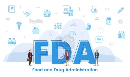 Illustration for Fda food and drug administration concept with big words and people surrounded by related icon with blue color style vector illustration - Royalty Free Image