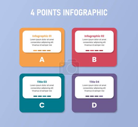 Illustration for 4 point stage or step infographic template with square box and badge header white for slide presentation vector - Royalty Free Image