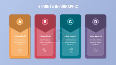 Illustration for 4 point stage or step infographic template with horizontal direction and vertical standing box and arrow badge for slide presentation vector - Royalty Free Image
