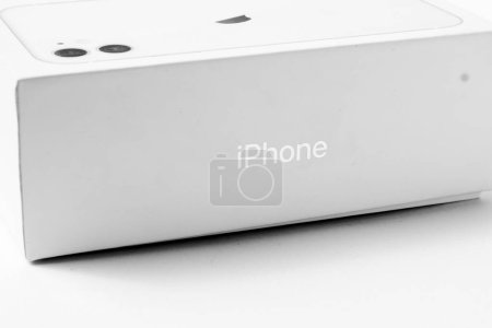 Photo for Magetan, Indonesia - November 01, 2023 : BOX Produk Merek Apple Phone 11 disajikan pada latar belakang putih - Royalty Free Image