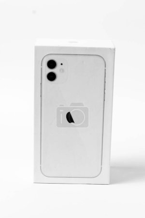 Photo for Magetan, Indonesia - November 01, 2023 : BOX Produk Merek Apple Phone 11 disajikan pada latar belakang putih - Royalty Free Image