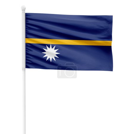 Realistic Nauru Flag Waving on a White Metal Pole with Transparent Background