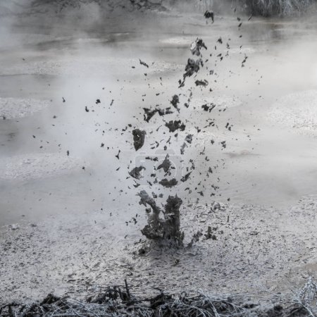 Foto de Burbuja de gas en erupción de una piscina de barro en las fuentes geotérmicas de Waiotapu cerca de Roturua, Nueva Zelanda. - Imagen libre de derechos