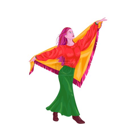 Téléchargez les photos : Fille avec un foulard danse dans une jupe longue, chemise et bottes. Illustration d'une fille les bras levés sur les côtés. Illustrations de femmes. - en image libre de droit