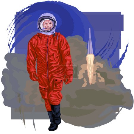 Illustration for Vector illustration of cosmonaut Yuri Gagarin walking in a spacesuit on the background of a rocket launch. Astronaut in full growth in a red spacesuit vector graphics. Illustrations on the theme of space. - Royalty Free Image
