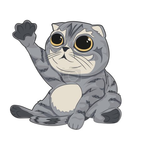 Illustration for Cartoon abandoned cat Scottish Fold. Offended sitting cat breed Scottish Fold with a raised front paw. Vector illustration of a full sitting cat of the Scottish Fold breed in cartoon style. Illustration of cat in vector. - Royalty Free Image