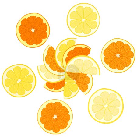 Téléchargez les illustrations : Illustration en couleur de tranches fraîches d'orange et de citron. Illustration vectorielle de morceaux d'agrumes frais de morceaux de citron et d'orange. Image de salade de fruits d'été de tranches d'orange et de citron dans le vecteur. - en licence libre de droit