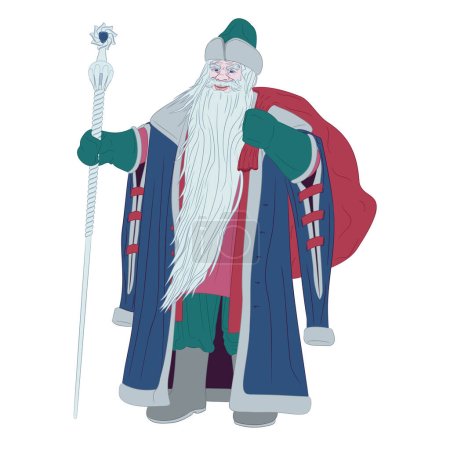 Illustration for Ded Moroz with bag behind his back and staff.Vector illustration of Ded Moroz, the Russian Santa Claus. Dressed in an ancient Russian fur coat with long sleeves and a fur hat. He has an ice staff in his hand and a bag of gifts on his back. - Royalty Free Image