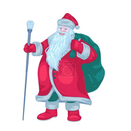 Illustration for Santa Claus with bag behind his back and staff. Vector illustration brings to life the charming image of Santa Claus in fur coat and fur hat. He has an magic staff in his hand and a bag of gifts on his back. - Royalty Free Image