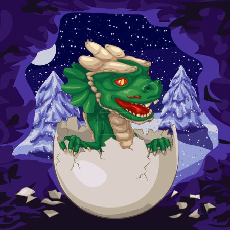 Illustration for Green wooden dragon hatched from an egg in cave. Vector illustration of dragon baby crawls out of an egg in cave. Outside cave snowing, moon is shining and snow-covered fir trees. Little dragon with paws, small horns, teeth, whiskers, horny scales - Royalty Free Image