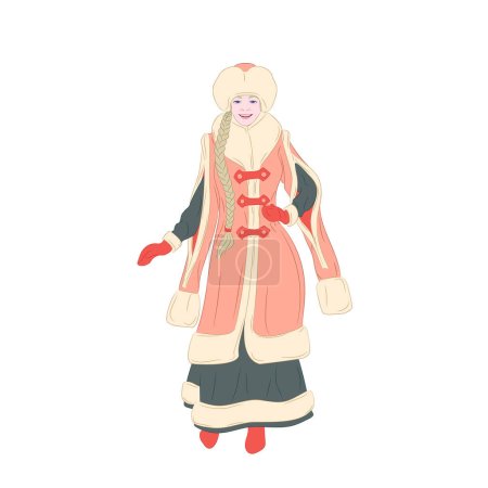 Illustration for Snow Maiden with long braid in an ancient fur coat with long sleeves. Vector illustration of granddaughter of Ded Moroz in an ancient fur coat, fur hat, mittens, skirt and boots. - Royalty Free Image