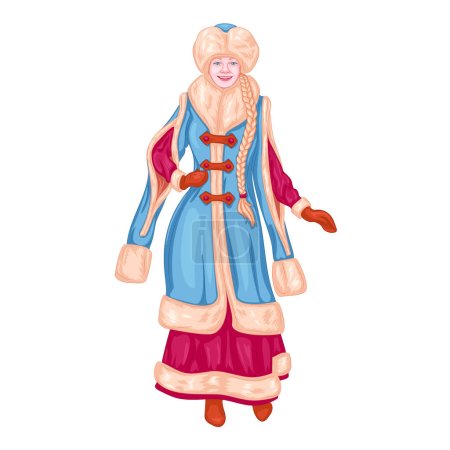 Illustration for Snow Maiden with long braid in an ancient fur coat with long sleeves. Vector illustration of granddaughter of Ded Moroz in an ancient fur coat, fur hat, mittens, skirt and boots. - Royalty Free Image