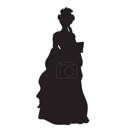 Shape of Mistress of the Copper Mountain mit einer Malachit Box. Vektor-Illustration einer Frau mit Krone auf dem Kopf in einem grünen Kleid mit langen Ärmeln, Korsett und Armbändern, die eine Schmuckschatulle in ihren Händen hält.