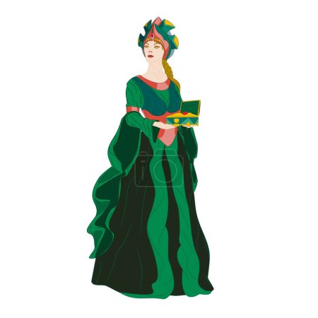 La señora de la montaña de cobre con una caja de malaquitas. Ilustración vectorial de una mujer con una corona en la cabeza en un vestido verde con mangas largas con un gorjal de cobre (plato, collar), corsé y pulseras, que sostiene un joyero en sus manos.