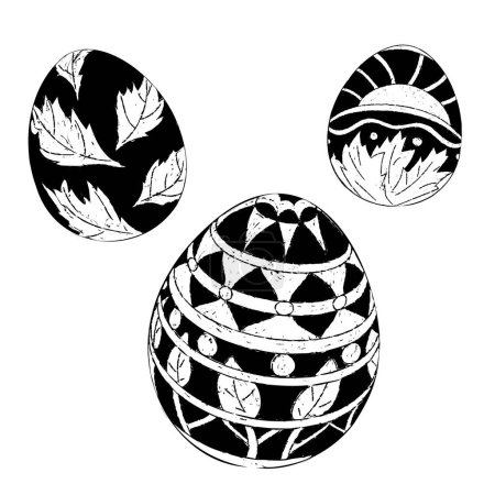 Shape of 3 Easter eggs decorated with ornament. Vector illustration of Easter eggs decorated with pattern. Painting style. Festive treat and celebration of Easter holiday.