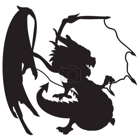 Shape of dragon with wings. Vector illustration of green winged dragon pointing with its right paw finger. Dragon with wings, horns, teeth, mustache, paws, tail and horny scales. Vector illustration of fantastic creatures