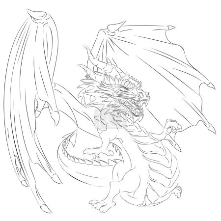 Línea de arte de dragón con alas. Ilustración vectorial de dragón alado verde apuntando con su dedo de la pata derecha. Dragón con alas, cuernos, dientes, bigote, patas, cola y escamas calientes. Ilustración vectorial de criaturas fantásticas.
