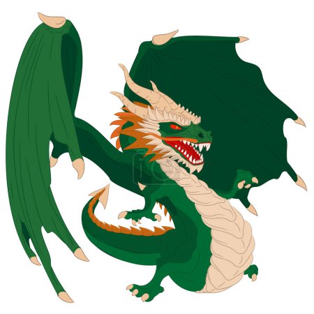 Green wooden dragon with wings. Vector illustration of green winged dragon pointing with its right paw finger. Dragon with wings, horns, teeth, mustache, paws, tail and horny scales. Vector illustration of fantastic creatures.