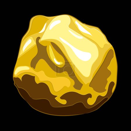 Large natural gold nugget on black background.Vector illustration of a gold nugget with a natural uneven shape and a shiny surface. Mining, investment in precious metals, jewelry, geological research. Illustrations of minerals and mineral resources.