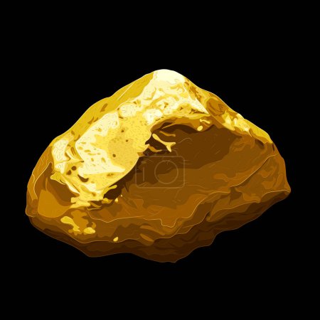 Realistic natural gold nugget on a dark background. Vector illustration of a gold nugget with a natural uneven shape and a shiny surface. Mining, investment in precious metals, jewelry, geological research. 