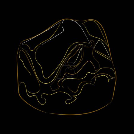 Color line art of natural gold nugget on black background. Vector illustration of a gold nugget with a natural uneven shape and a shiny surface. Mining, investment in precious metals, jewelry, geological research. 