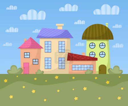 Illustration for Cartoon city. Spring, summer background design. Cheerful vector illustration. Houses, flowers, clouds. - Royalty Free Image