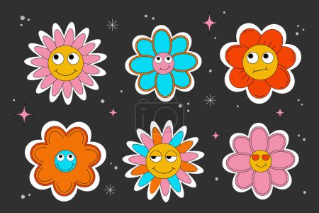 y2k character. Groovy cartoon retro flowers. Sticker pack. Comic daisy flowers with eyes on a dark background. Vector illustration in trendy retro cartoon style.