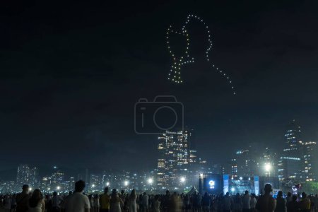 Photo for Homage to Pele, King of Football, with drone lights from the sky at Gonzaga beach during the New Year. Santos city, Brazil. January 01, 2023. - Royalty Free Image