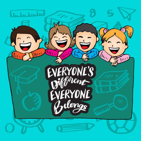 Everyone's different everyone belongs, hand lettering with happy kids. Wall art for classroom poster