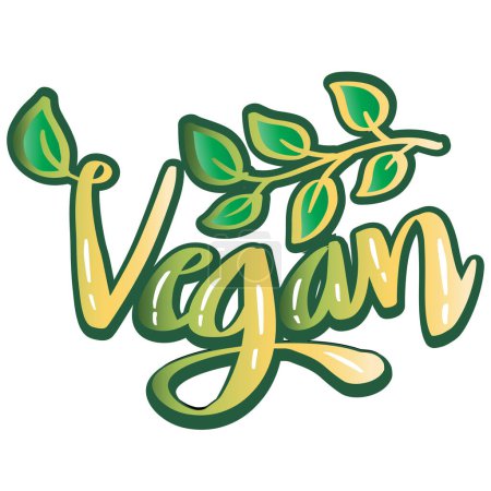 Illustration for Vegan hand lettering. Vegan word, Label With green leaves - Royalty Free Image