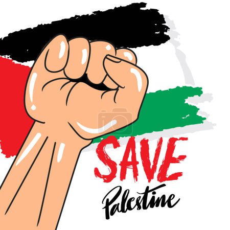 Ilustración de Ilustración vectorial de una mano con el texto Save Palestine and the Palestine flag. - Imagen libre de derechos