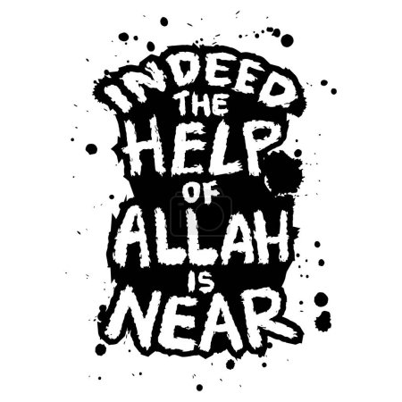 La ayuda de Alá está cerca. Cartel dibujado a mano. Cita islámica. Ilustración vectorial.