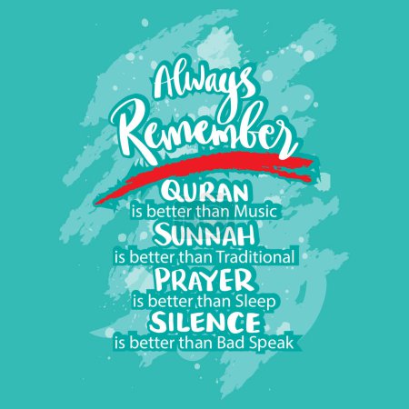 Always remember quran, sunnah, prayer and silent. Hand drawn lettering. Islamic quote. Vector illustration.