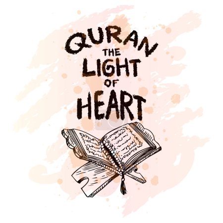 Corán la luz del corazón. Letras dibujadas a mano. Cita islámica. Ilustración vectorial.