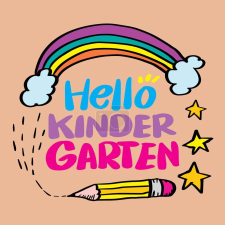 Hola jardín de infantes. Letras dibujadas a mano. Ilustración vectorial.