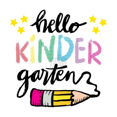 Hola jardín de infancia, letras dibujadas a mano con lápiz. Ilustración vectorial.