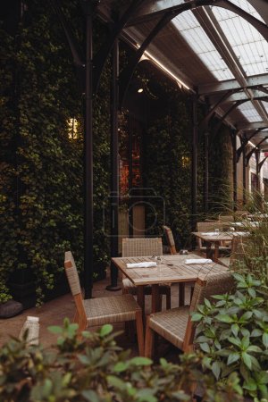 cafe terrace under transparent roof near building covered with green ivy in New York City
