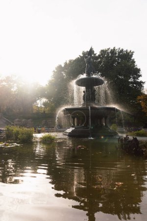 Brunnen mit Skulptur am See im Stadtpark von New York City