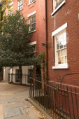 brick houses with white windows near tree on urban street of Brooklyn Heights district in New York City Sweatshirt #638200460