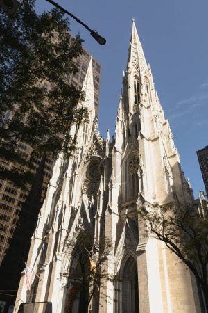 Low angle view of ancient St. Patrick's Cathedral on street in New York City