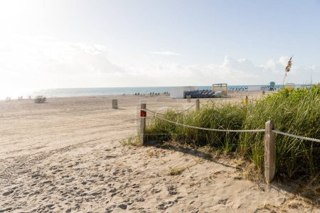 A tranquil beach scene featuring a fence, lush grass, and the beauty of Miami
