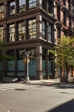 Téléchargez les photos : Bâtiment gris avec de grandes fenêtres près des arbres d'automne et passage piéton dans la ville de New York - en image libre de droit